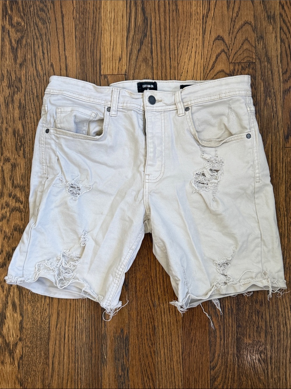 Cotton On Men's White Distressed Denim Jean Shorts